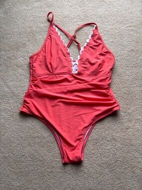 Coral Scalloped One Piece Swimsuit Ruched Waist Crisscross Back 2XL